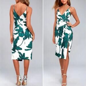 NWT C/MEO Collective Enlightened White Green Palm Print Midi Dress